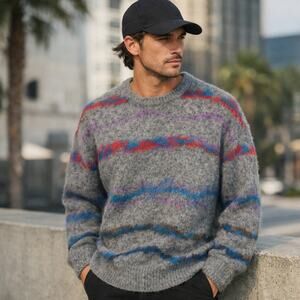 John Elliott Men's SZ M Mohair Jacquard Crew Sweater In Grey/Purple